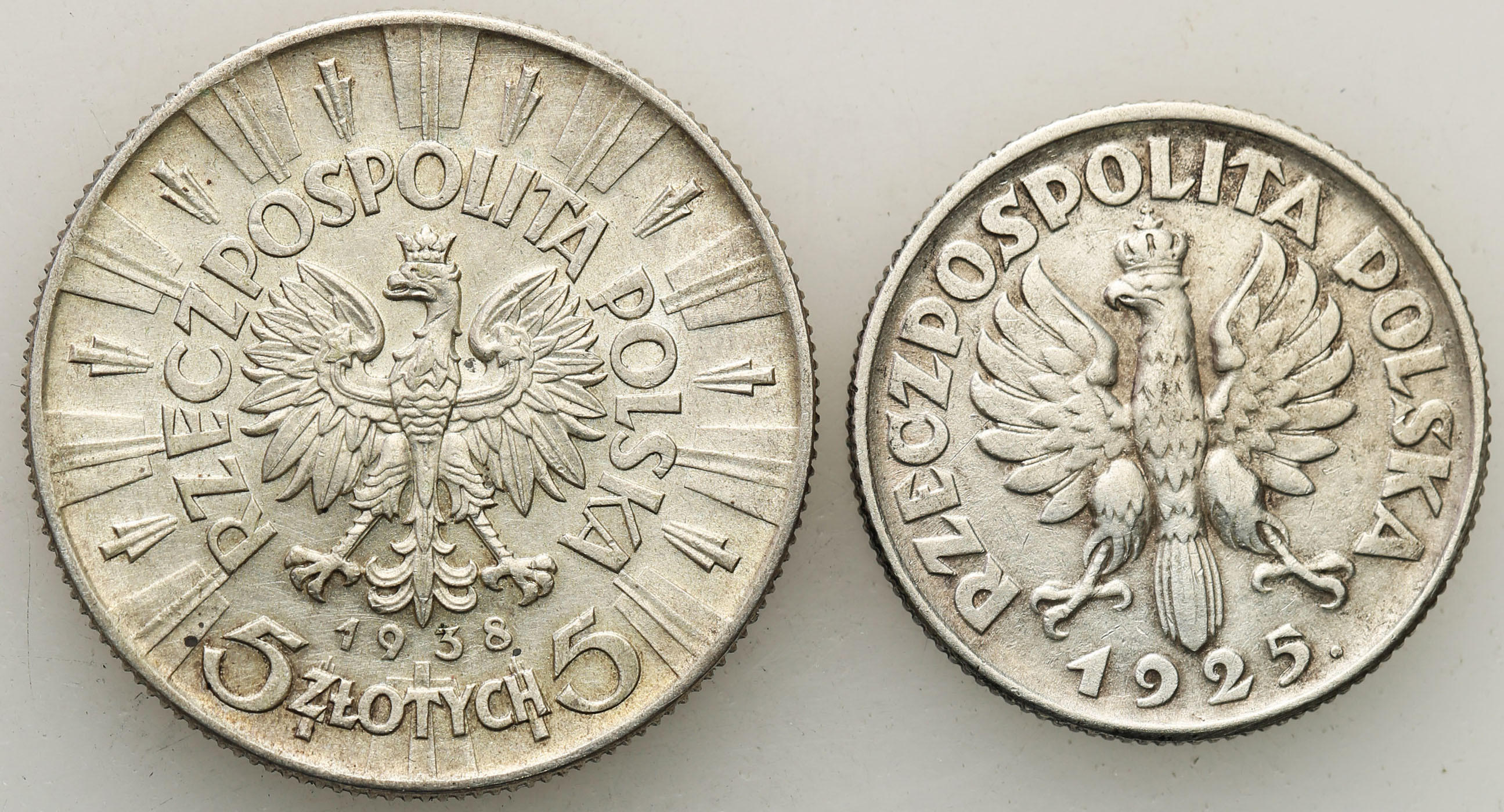 II RP. 1 złoty 1925, Londyn, 5 złotych 1938 Piłsudski, zestaw 2 monet